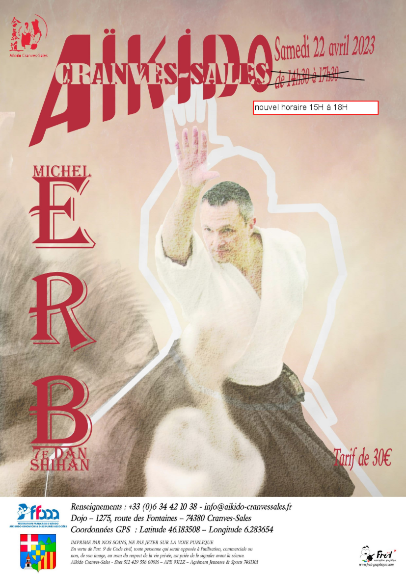 Affiche du Stage d'Aïkido à Cranves-Sales animé par Michel Erb le samedi 22 avril 2023