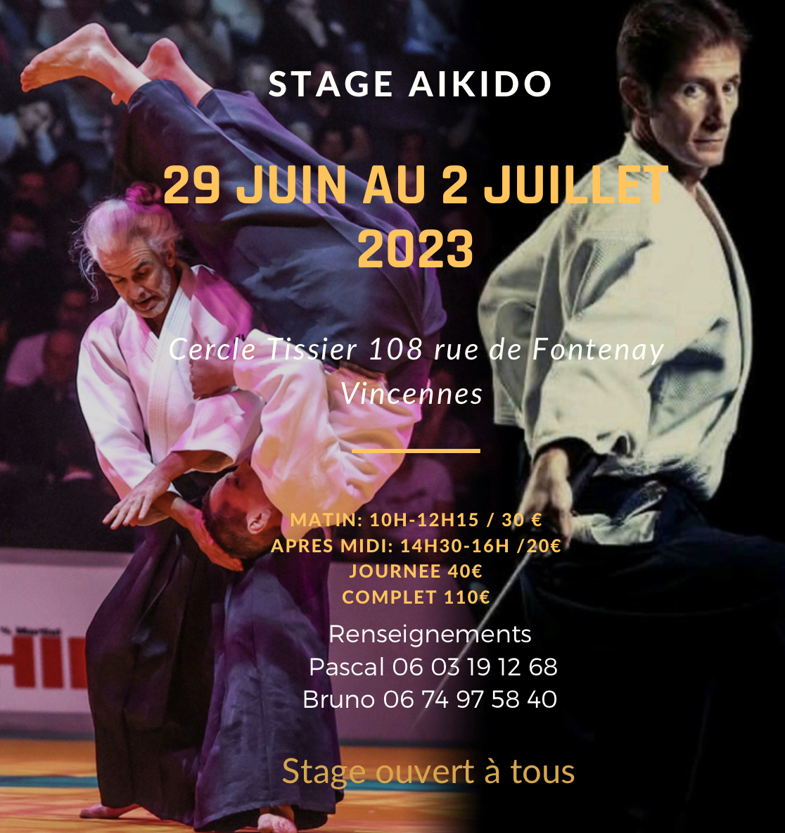 Affiche du Stage d'Aïkido à Vincennes animé par Bruno Gonzalez et Pascal Guillemin du jeudi 29 juin 2023 au dimanche 2 juillet 2023