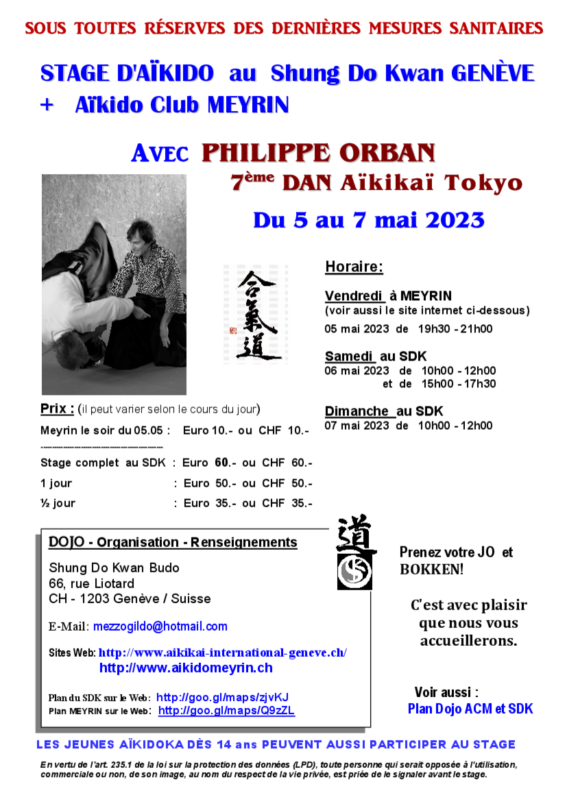 Affiche du Stage d'Aïkido à Genève animé par Philippe Orban du vendredi 5 mai 2023 au dimanche 7 mai 2023