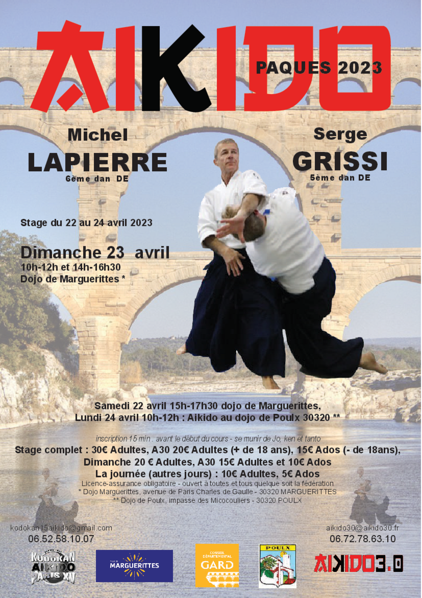 Affiche du Stage d'Aïkido à Marguerittes animé par Michel Lapierre et Serge Grissi le dimanche 23 avril 2023