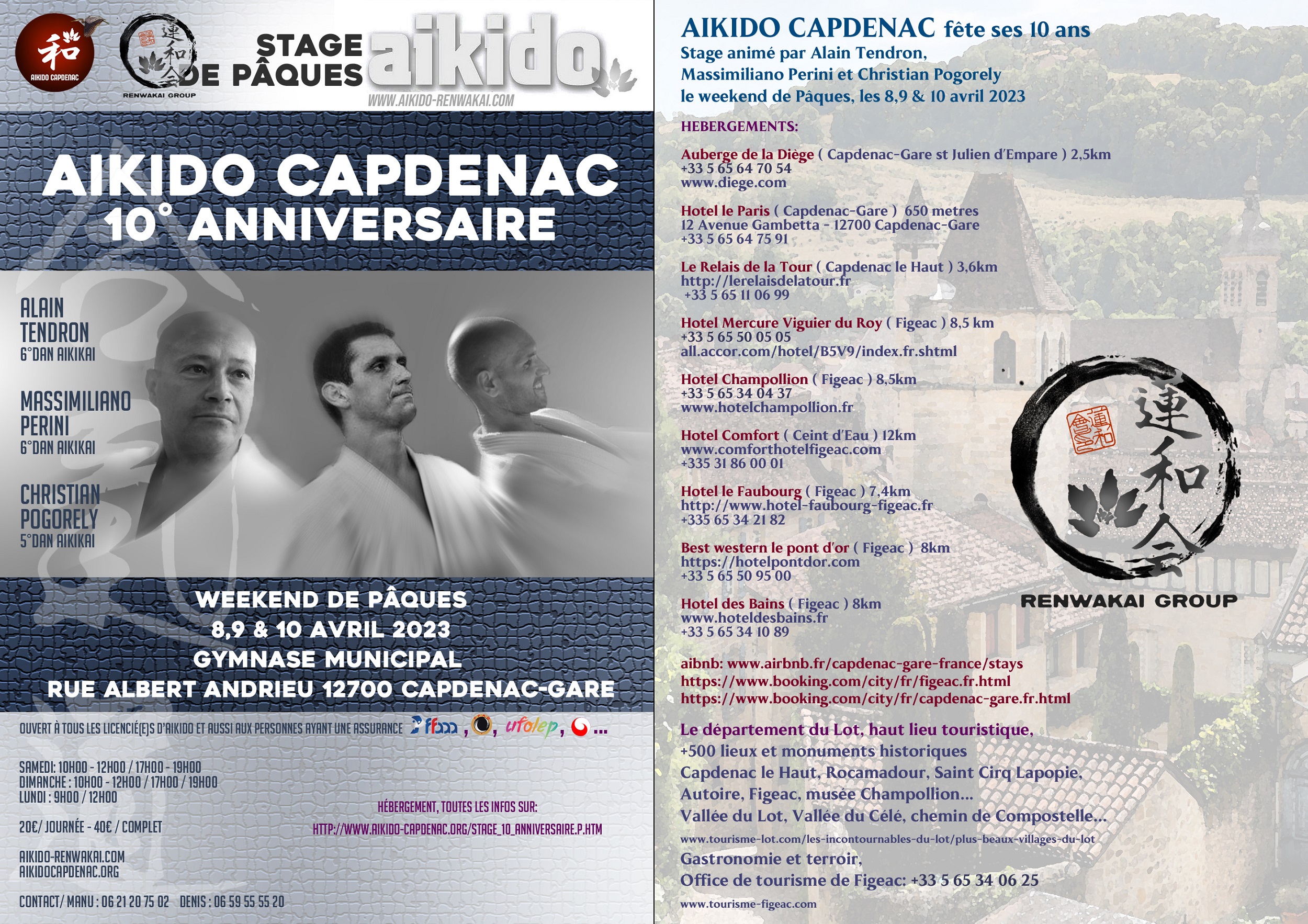 Affiche du Stage d'Aïkido à Capdenac-Gare animé par Alain Tendron et Massimiliano Perini et Christian Pogorely du samedi 8 avril 2023 au lundi 10 avril 2023
