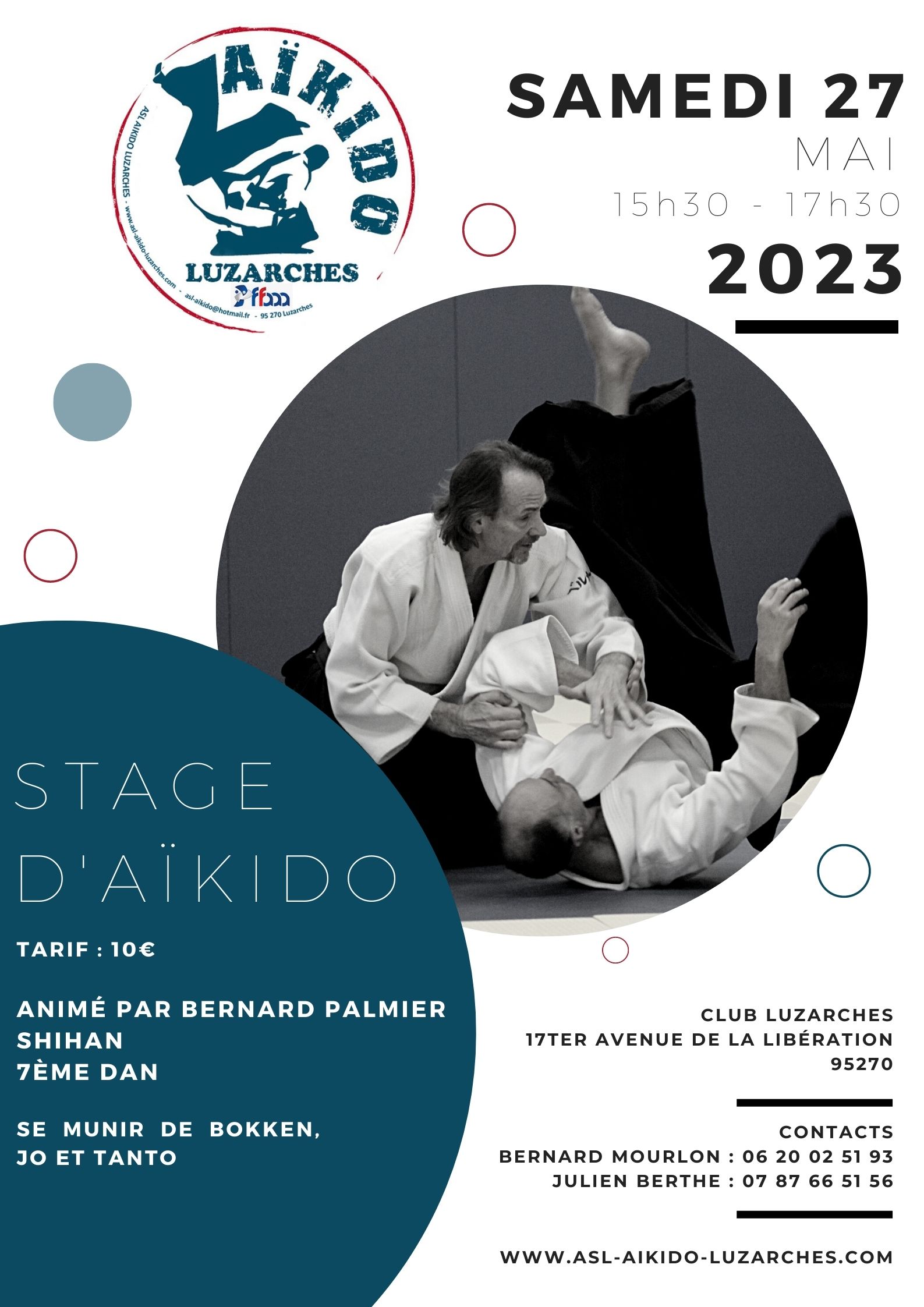 Affiche du Stage d'Aïkido à Luzarches animé par Bernard Palmier le samedi 27 mai 2023