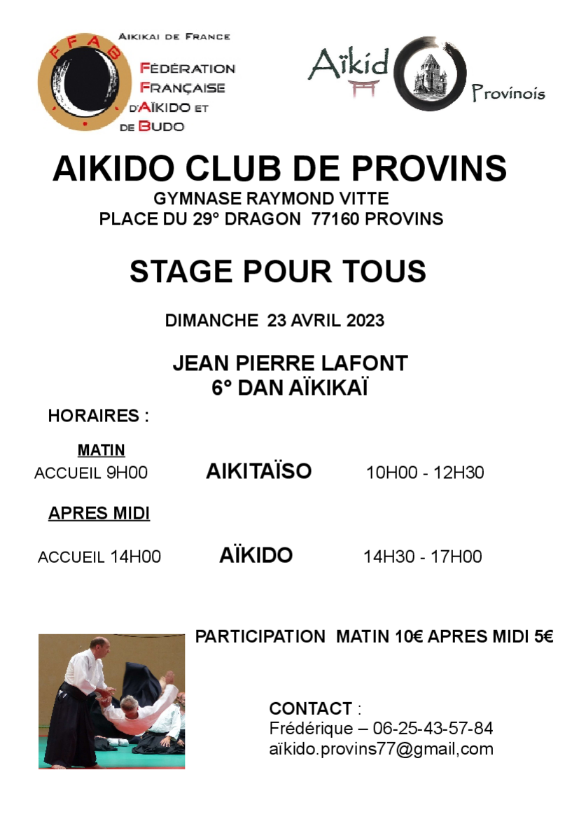 Affiche du Stage d'Aïkido à Provins animé par Jean-Pierre Lafont le dimanche 23 avril 2023