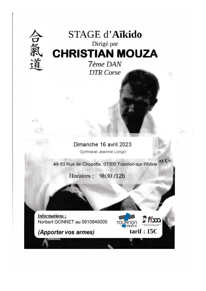 Affiche du Stage d'Aïkido à Tournon-sur-Rhône animé par Christian Mouza le dimanche 16 avril 2023