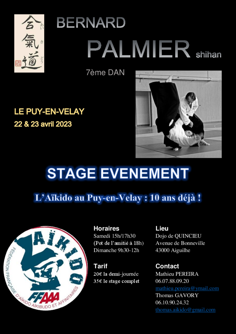Affiche du Stage d'Aïkido à Aiguilhe animé par Bernard Palmier du samedi 22 avril 2023 au dimanche 23 avril 2023