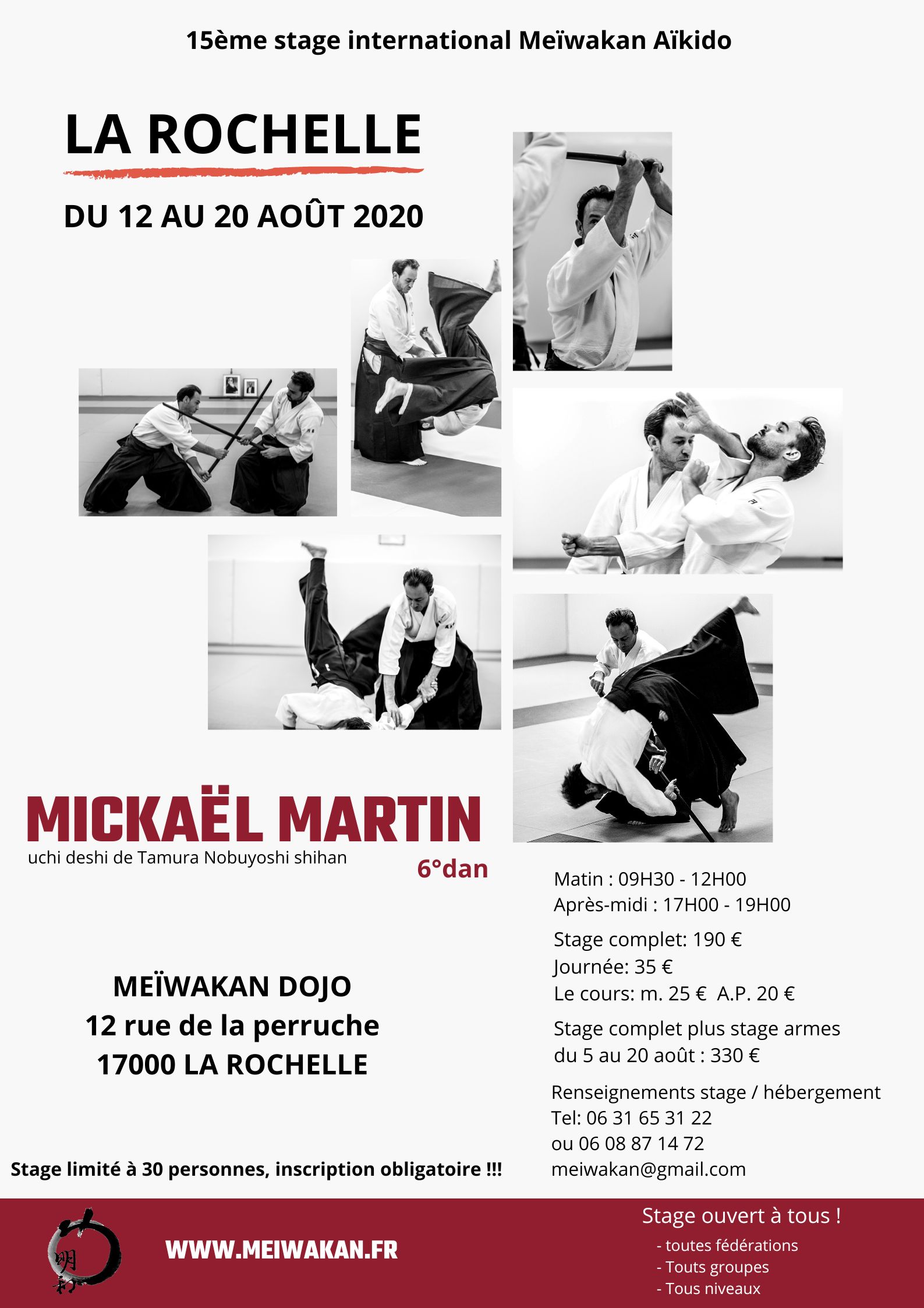 Affiche du Stage d'Aïkido à La Rochelle animé par Mickaël Martin du samedi 12 août 2023 au dimanche 20 août 2023