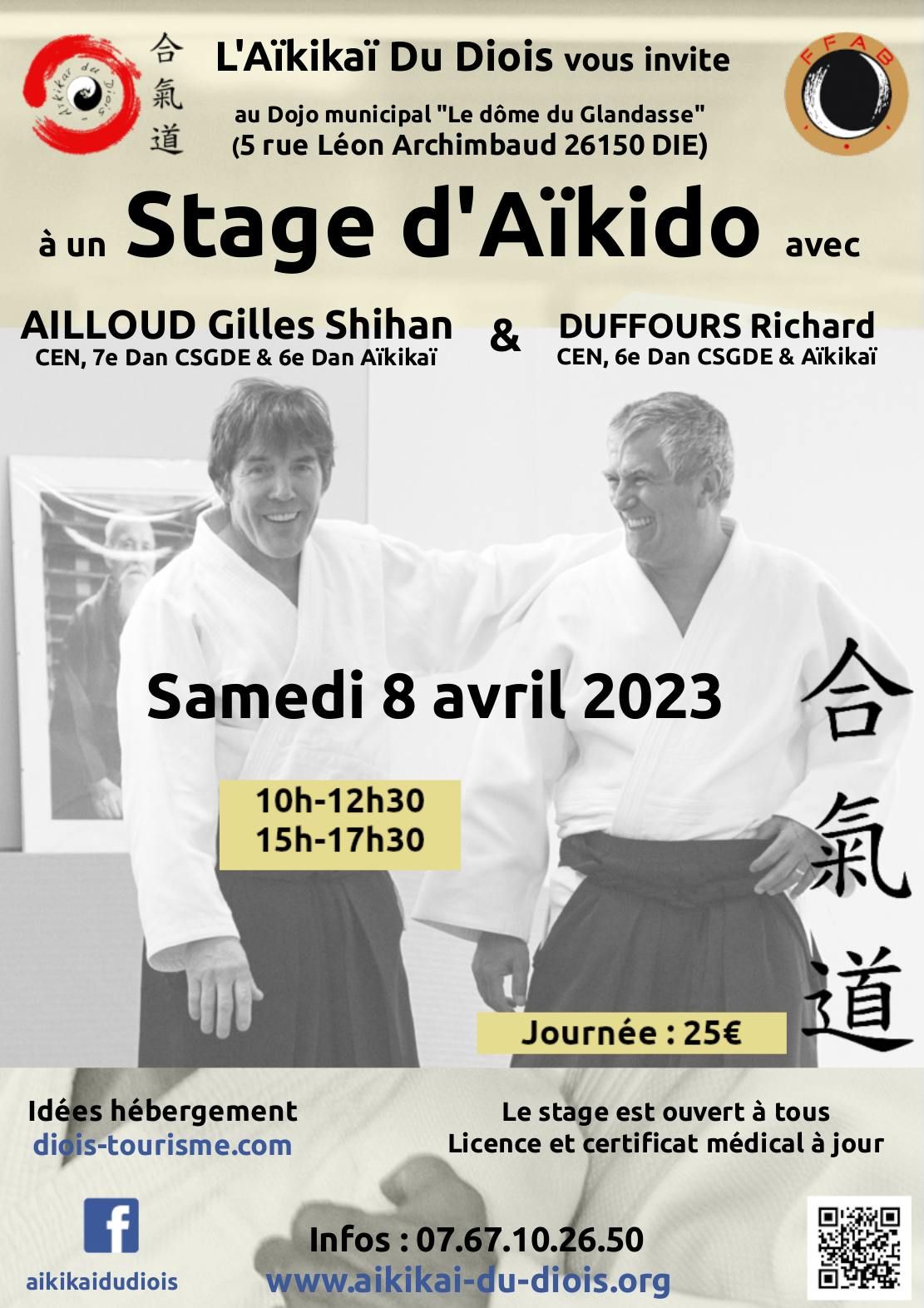 Affiche du Stage d'Aïkido à Die animé par Gilles Ailloud et Richard Duffours le samedi 8 avril 2023