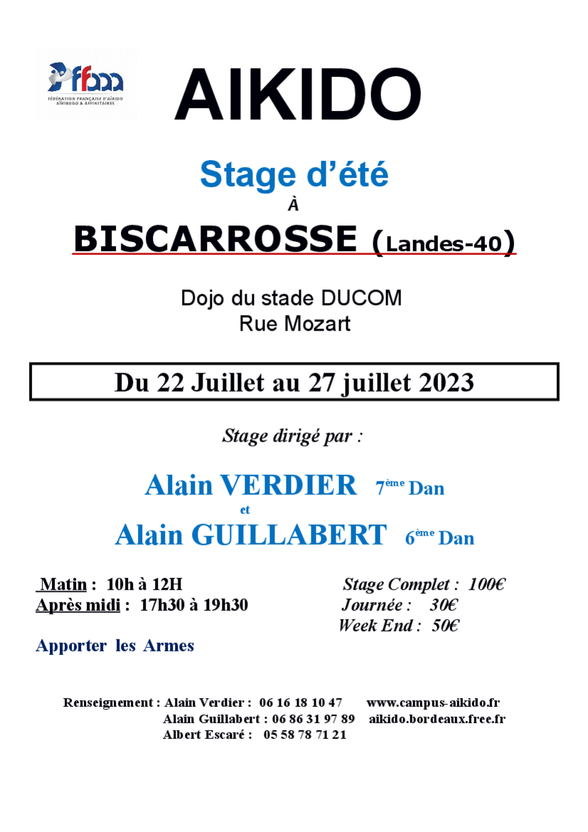 Affiche du Stage d'Aïkido à Biscarrosse animé par Alain Verdier et Alain Guillabert du samedi 22 juillet 2023 au jeudi 27 juillet 2023