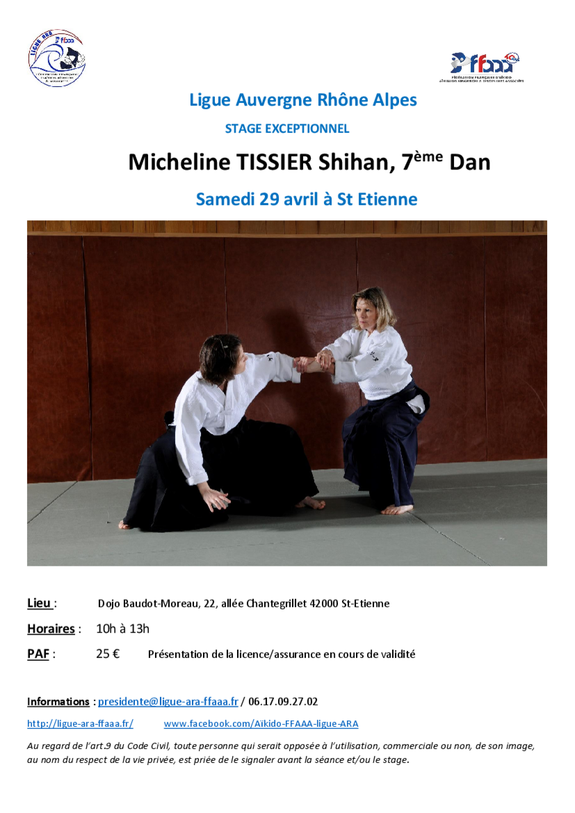 Affiche du Stage d'Aïkido à Saint-Étienne animé par Micheline Vaillant-Tissier le samedi 29 avril 2023