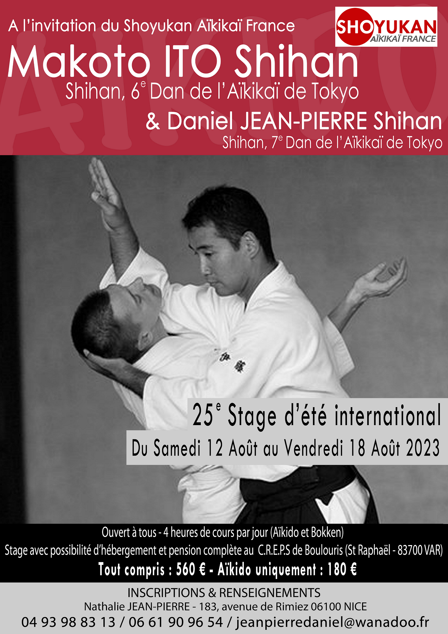 Affiche du Stage d'Aïkido à Saint-Raphaël animé par Makoto Ito et Daniel Jean Pierre du samedi 12 août 2023 au vendredi 18 août 2023