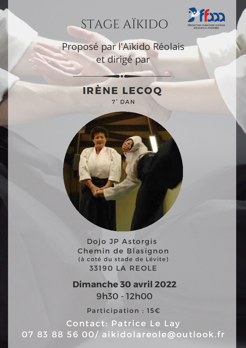 Affiche du Stage d'Aïkido à La Réole animé par Irène Lecoq le dimanche 30 avril 2023