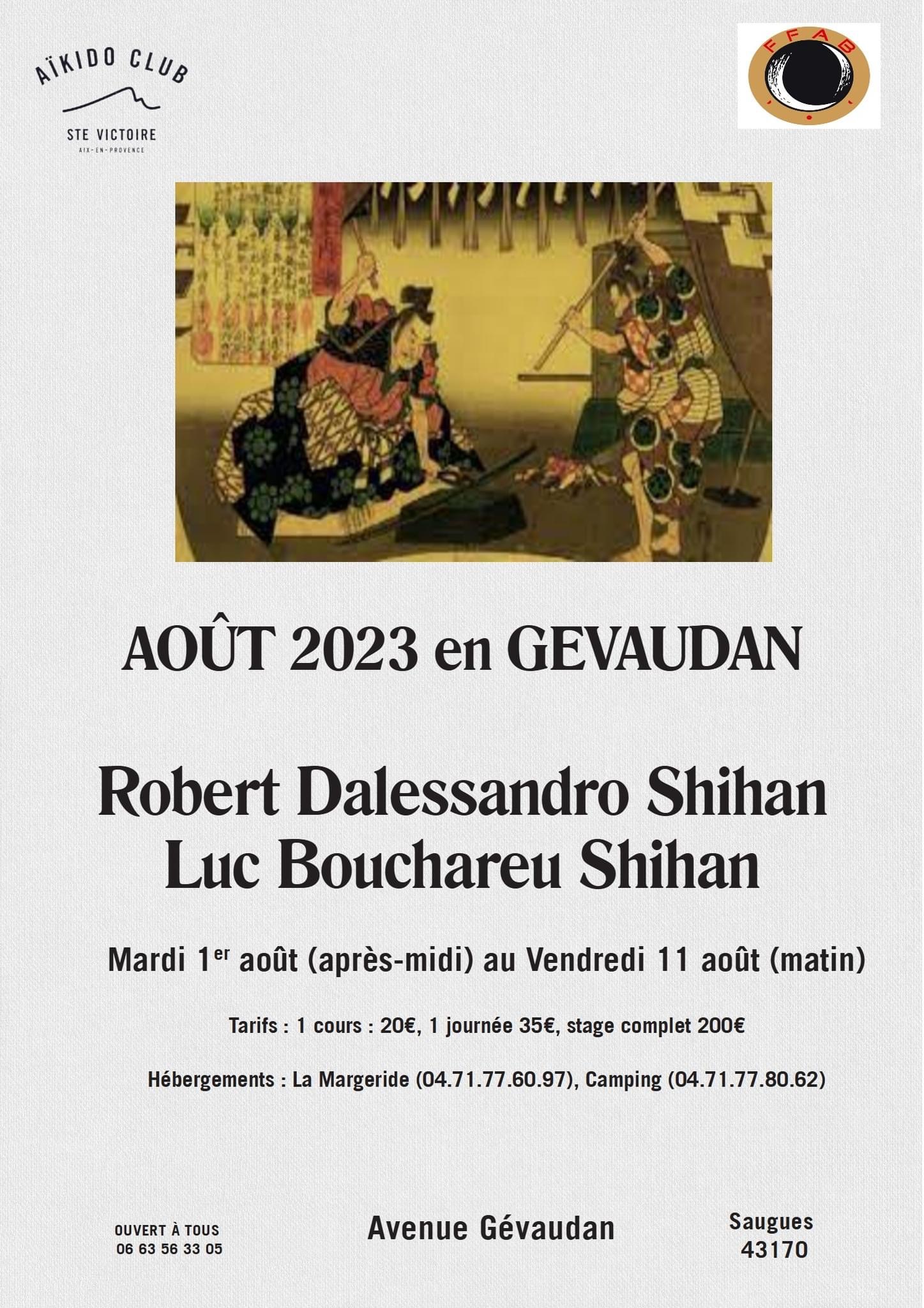 Affiche du Stage d'Aïkido à Saugues animé par Luc Bouchareu et Robert Dalessandro du mardi 1 août 2023 au vendredi 11 août 2023