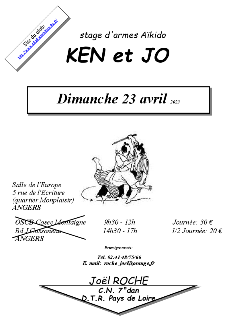 Affiche du Stage d'Aïkido à Angers animé par Joël Roche le dimanche 23 avril 2023