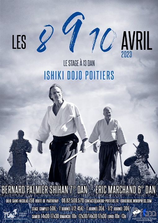 Affiche du Stage d'Aïkido à Échiré animé par Bernard Palmier et Eric Marchand du samedi 8 avril 2023 au lundi 10 avril 2023