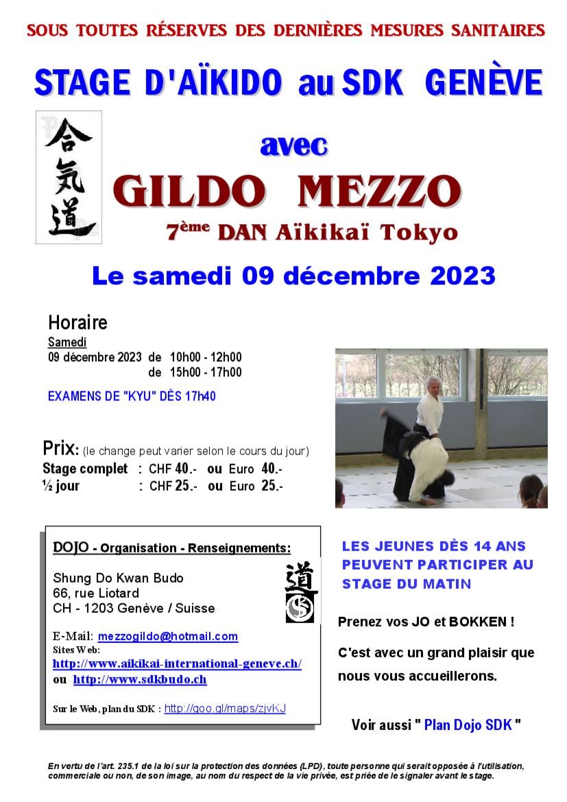 Affiche du Stage d'Aïkido à Genève animé par Gildo Mezzo le samedi 9 décembre 2023