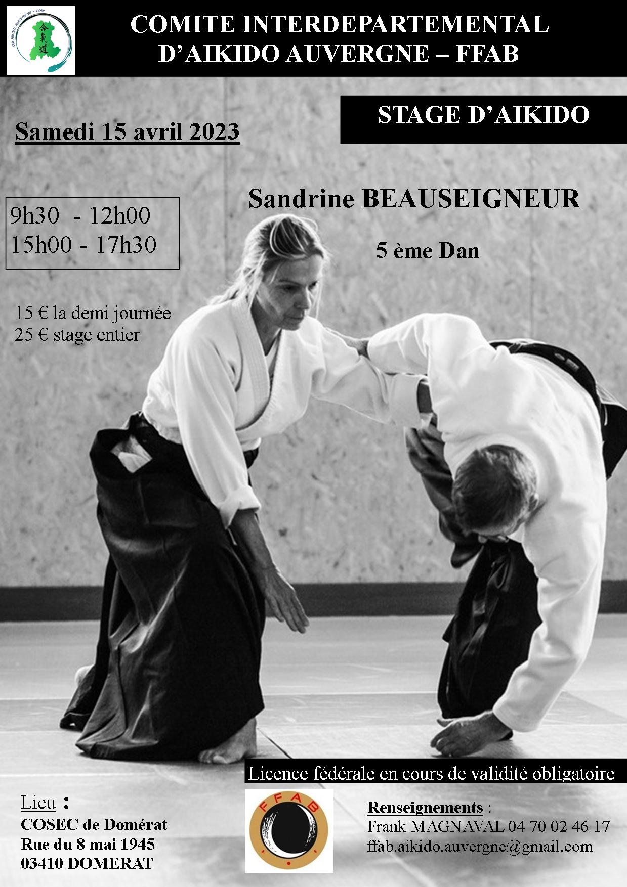 Affiche du Stage d'Aïkido à Domérat animé par Sandrine Beauseigneur le samedi 15 avril 2023