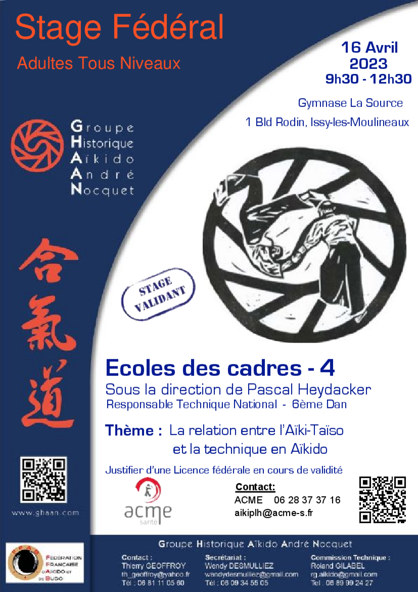 Affiche du Stage d'Aïkido à Issy-les-Moulineaux animé par Pascal Heydacker le dimanche 16 avril 2023