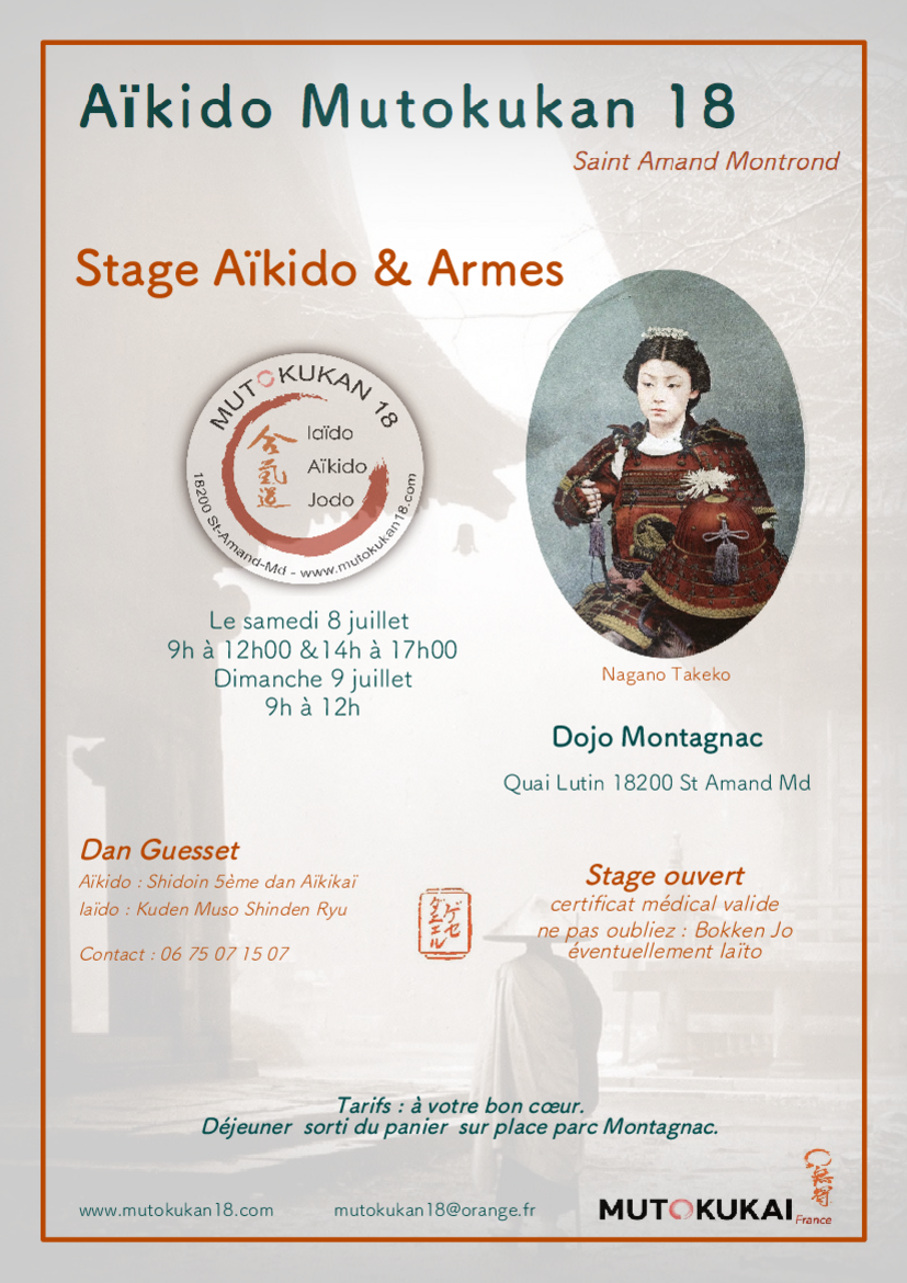 Affiche du Stage d'Aïkido à Saint-Amand-Montrond animé par Dan Guesset du samedi 8 juillet 2023 au dimanche 9 juillet 2023