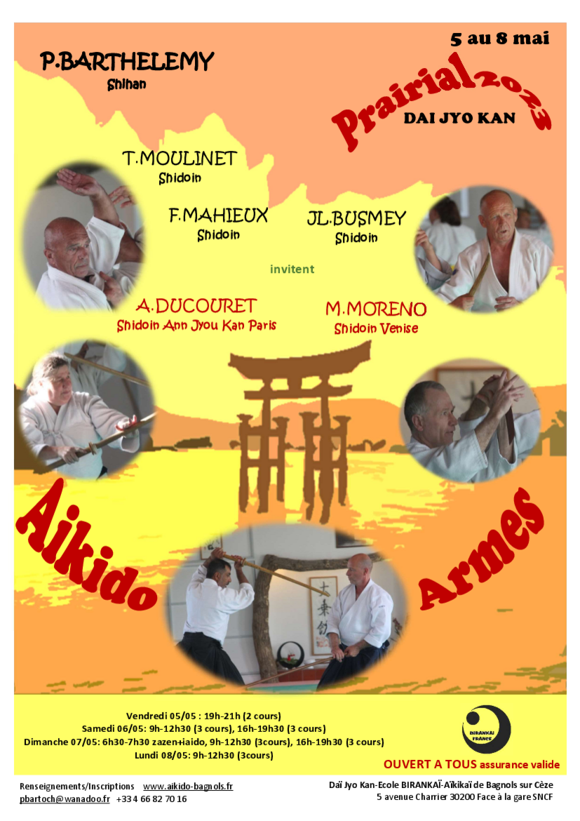 Affiche du Stage d'Aïkido à Bagnols-sur-Cèze animé par Patrick Barthélémy et Anne Ducouret et Miguel Moreno du vendredi 5 mai 2023 au lundi 8 mai 2023