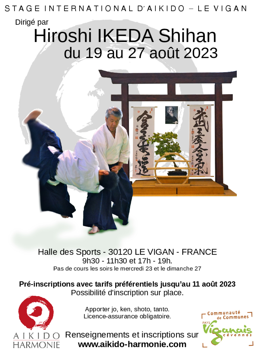 Affiche du Stage d'Aïkido à Le Vigan animé par Hiroshi Ikeda du samedi 19 août 2023 au dimanche 27 août 2023