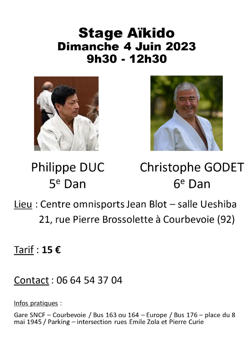 Affiche du Stage d'Aïkido à Courbevoie animé par Philippe Duc et Christophe Godet le dimanche 4 juin 2023
