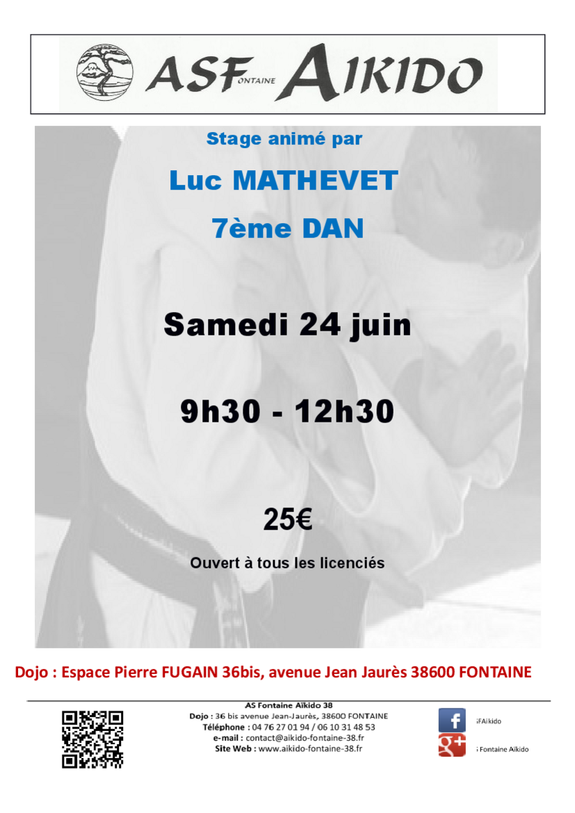 Affiche du Stage d'Aïkido à Fontaine animé par Luc Mathevet le samedi 24 juin 2023