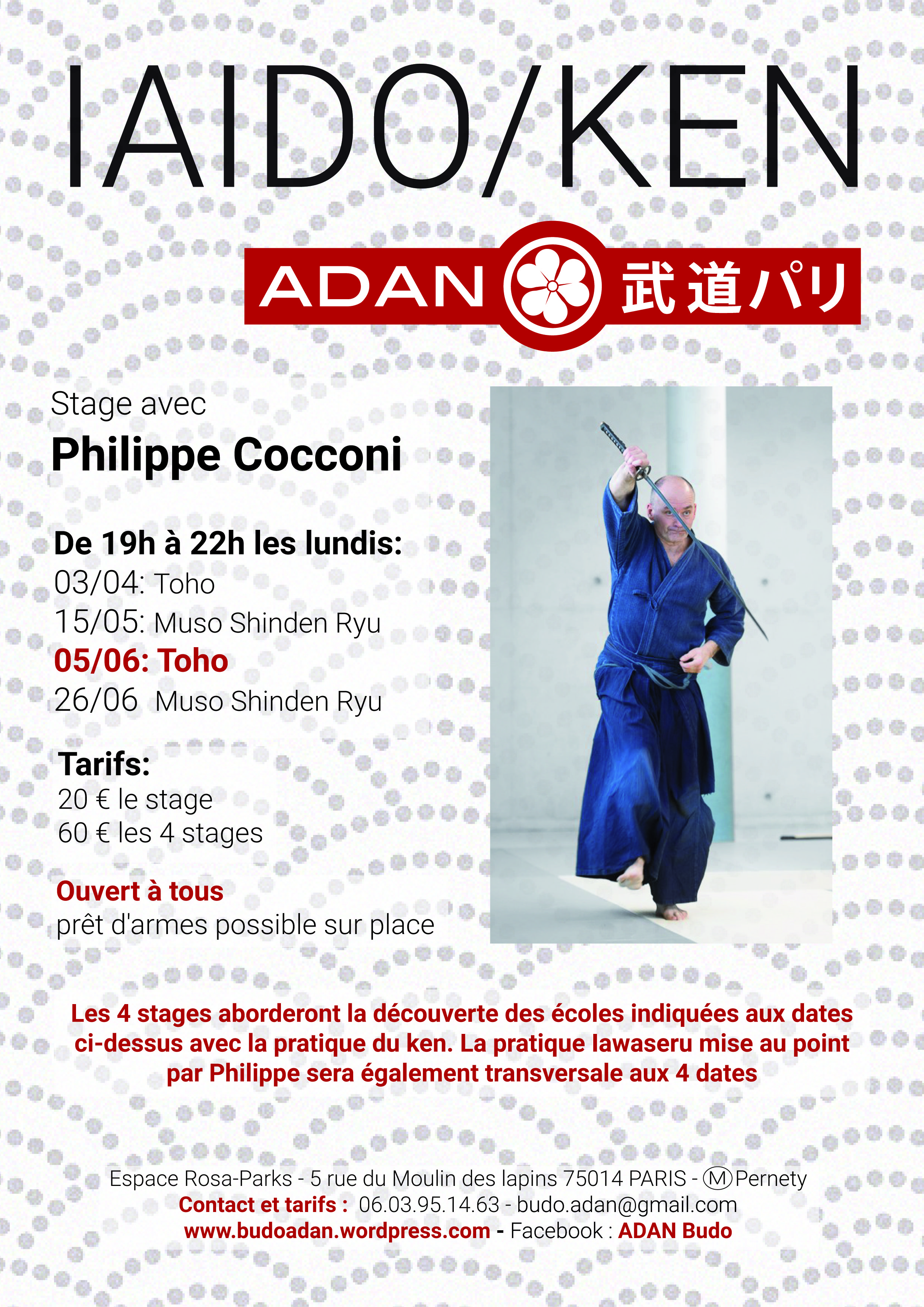 Affiche du Stage d'Aïkido à Paris animé par Philippe Cocconi le lundi 5 juin 2023
