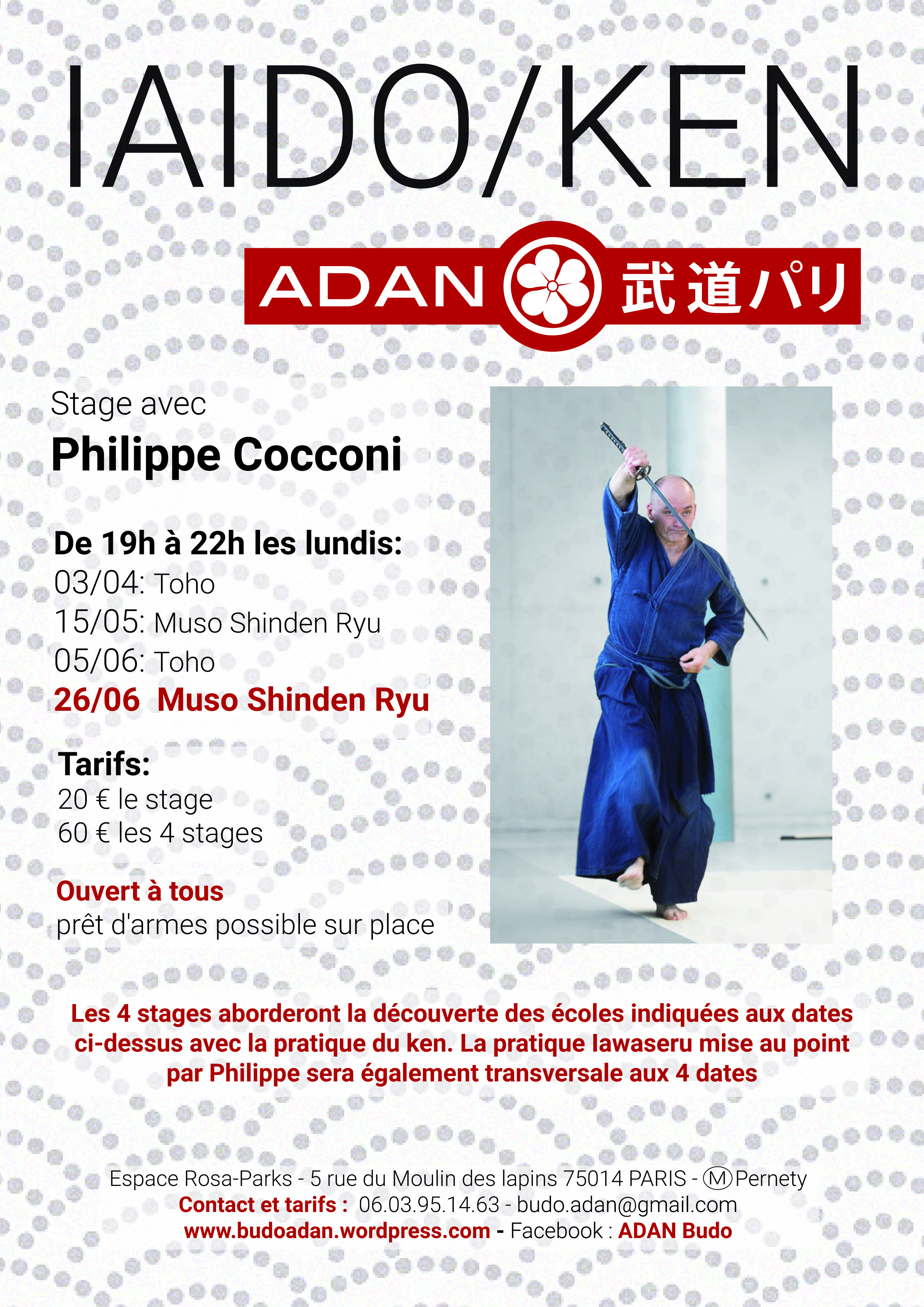 Affiche du Stage d'Aïkido à Paris animé par Philippe Cocconi le lundi 26 juin 2023