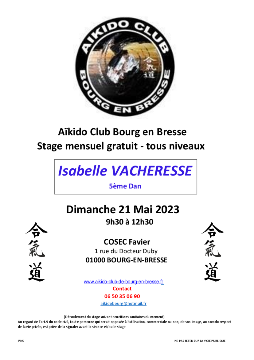 Affiche du Stage d'Aïkido à Bourg-en-Bresse animé par Isabelle Vacheresse le dimanche 21 mai 2023