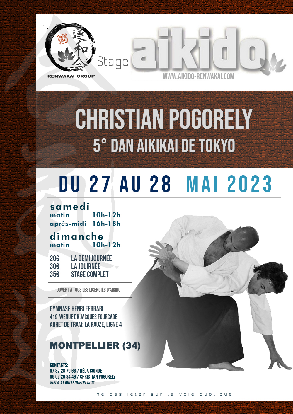Affiche du Stage d'Aïkido à Montpellier animé par Christian Pogorely du samedi 27 mai 2023 au dimanche 28 mai 2023