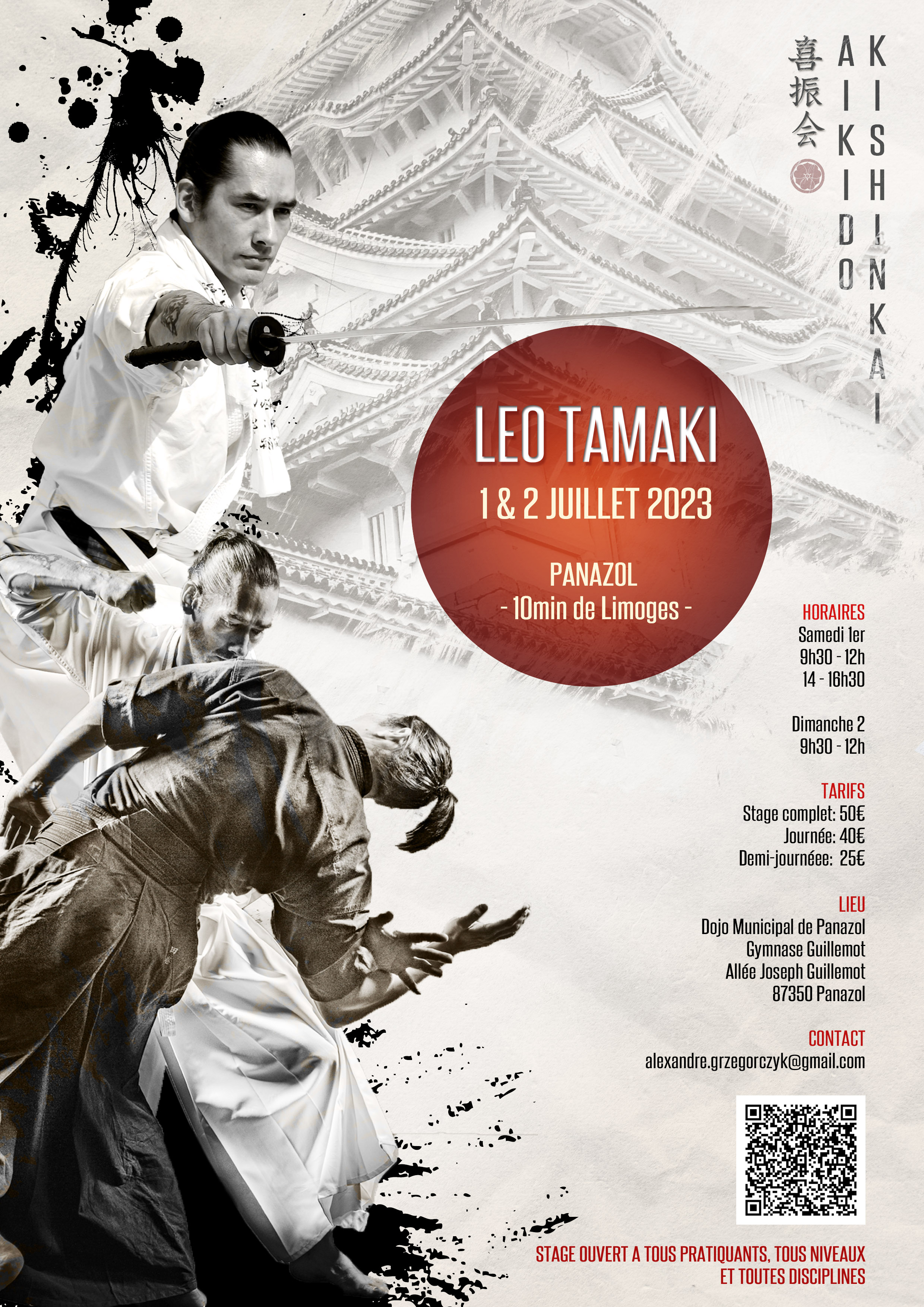 Affiche du Stage d'Aïkido à Panazol animé par Léo Tamaki du samedi 1 juillet 2023 au dimanche 2 juillet 2023
