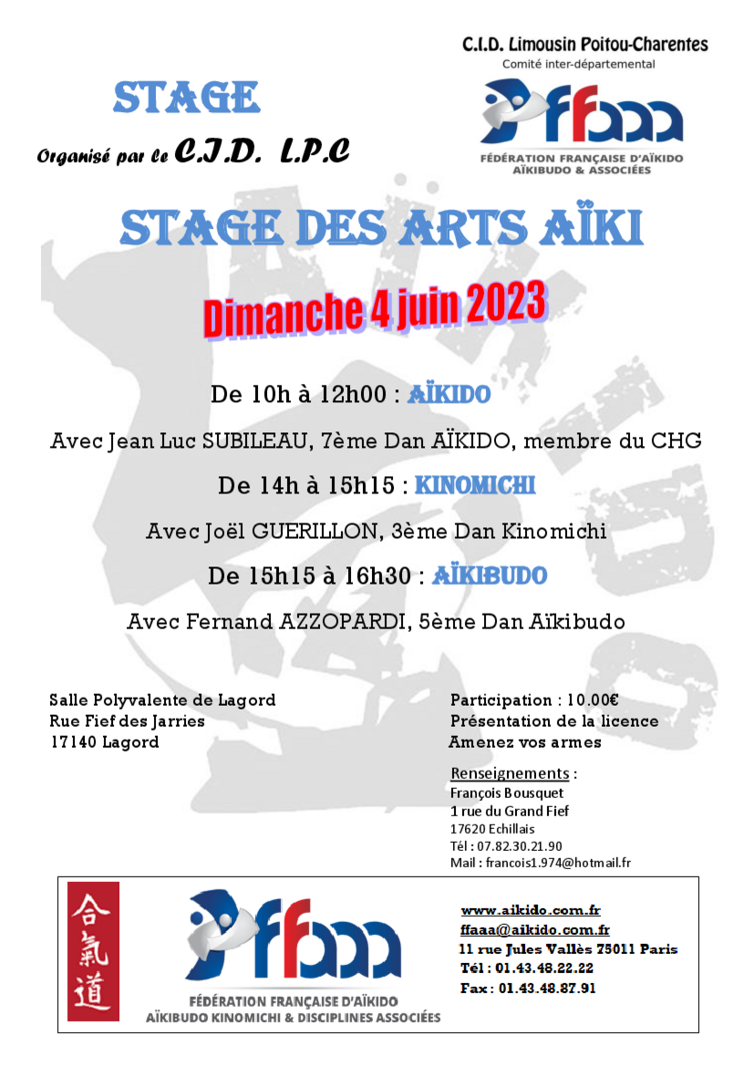 Affiche du Stage d'Aïkido à Lagord animé par Fernand Azzopardi et Jean-Luc Subileau et Joël Guerillon le dimanche 4 juin 2023