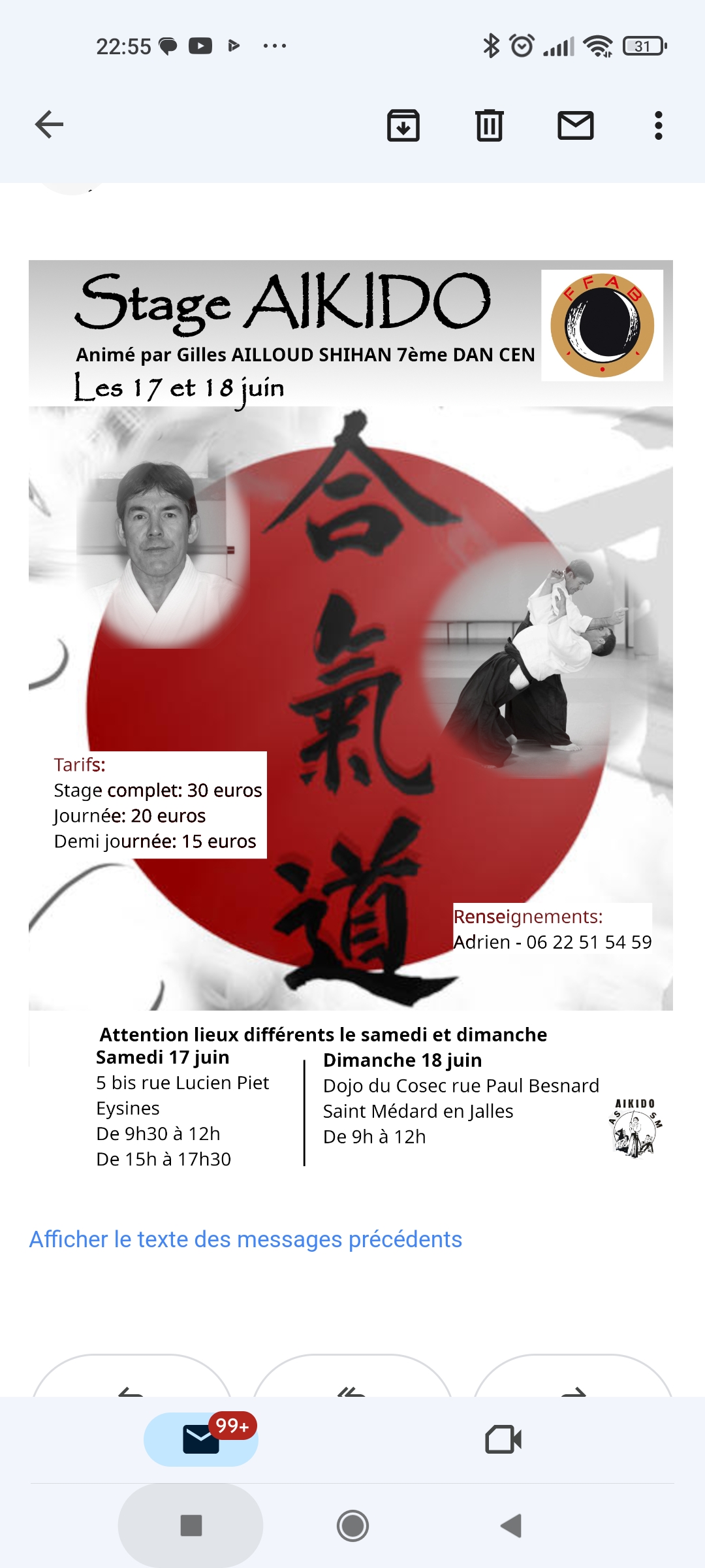 Affiche du Stage d'Aïkido à Eysines animé par Gilles Ailloud du samedi 17 juin 2023 au dimanche 18 juin 2023