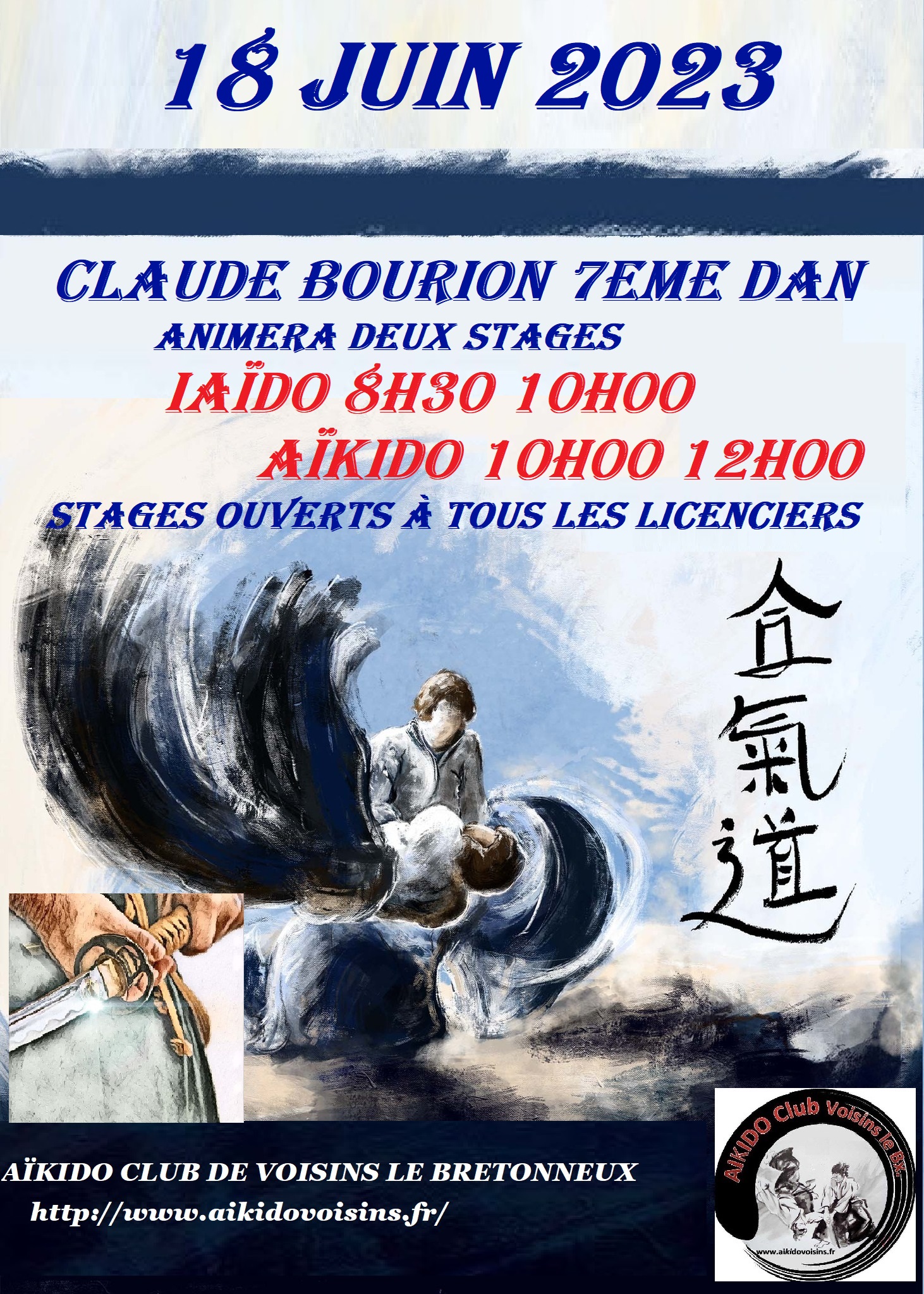 Affiche du Stage d'Aïkido à Voisins-le-Bretonneux animé par Claude Bourion le dimanche 18 juin 2023