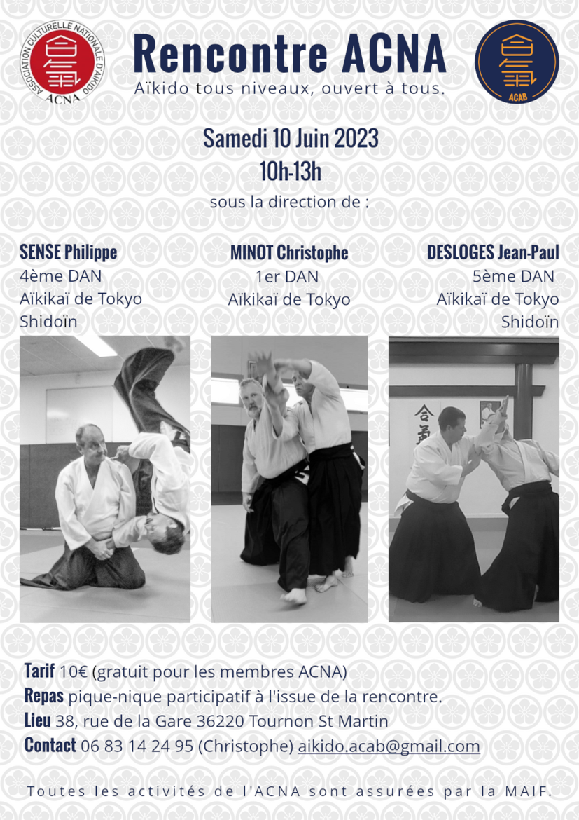 Affiche du Stage d'Aïkido à Tournon-Saint-Martin animé par Jean-Paul Desloges et Philippe Sense et Christophe Minot le samedi 10 juin 2023