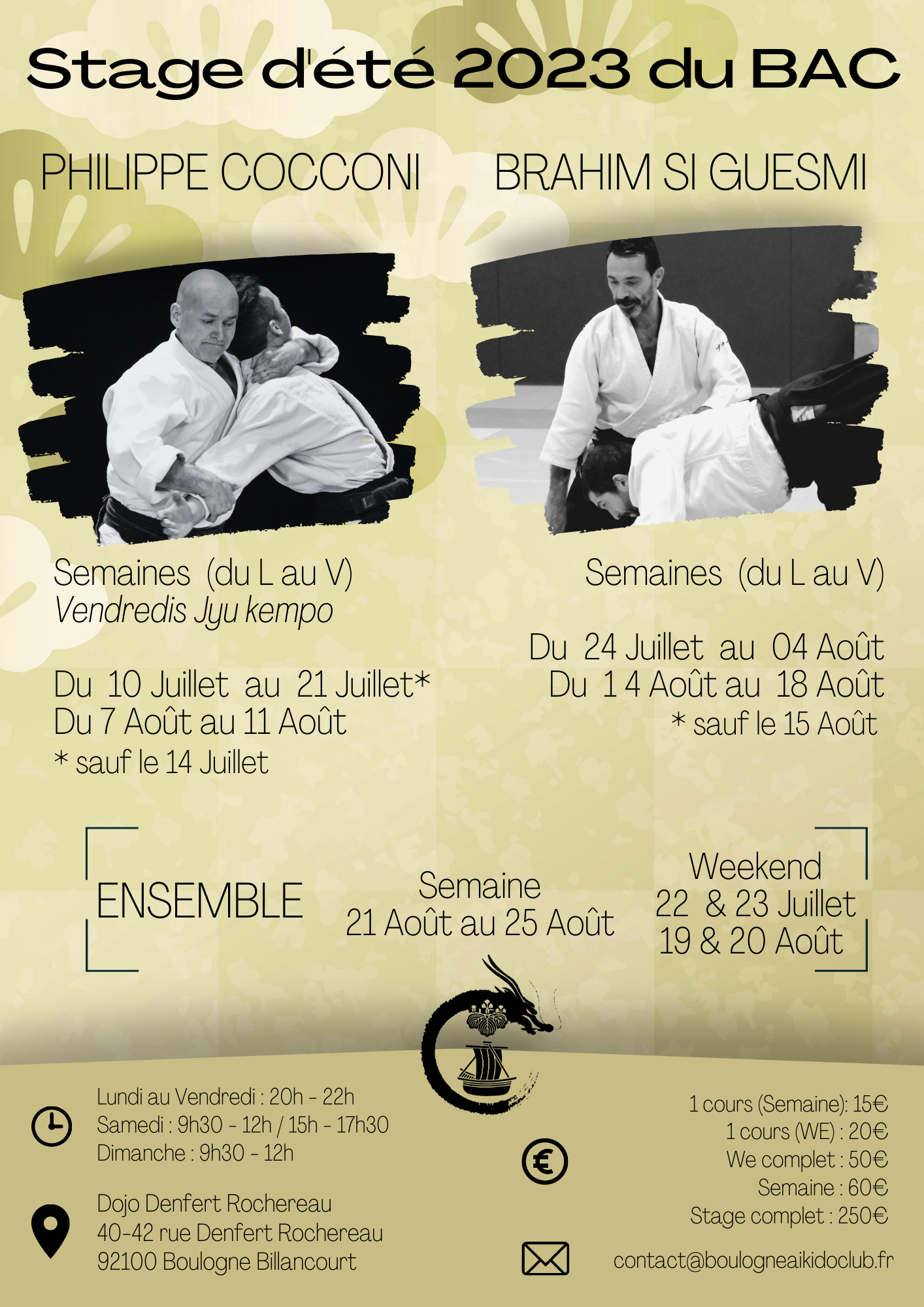 Affiche du Stage d'Aïkido à Boulogne-Billancourt animé par Philippe Cocconi du lundi 10 juillet 2023 au jeudi 13 juillet 2023