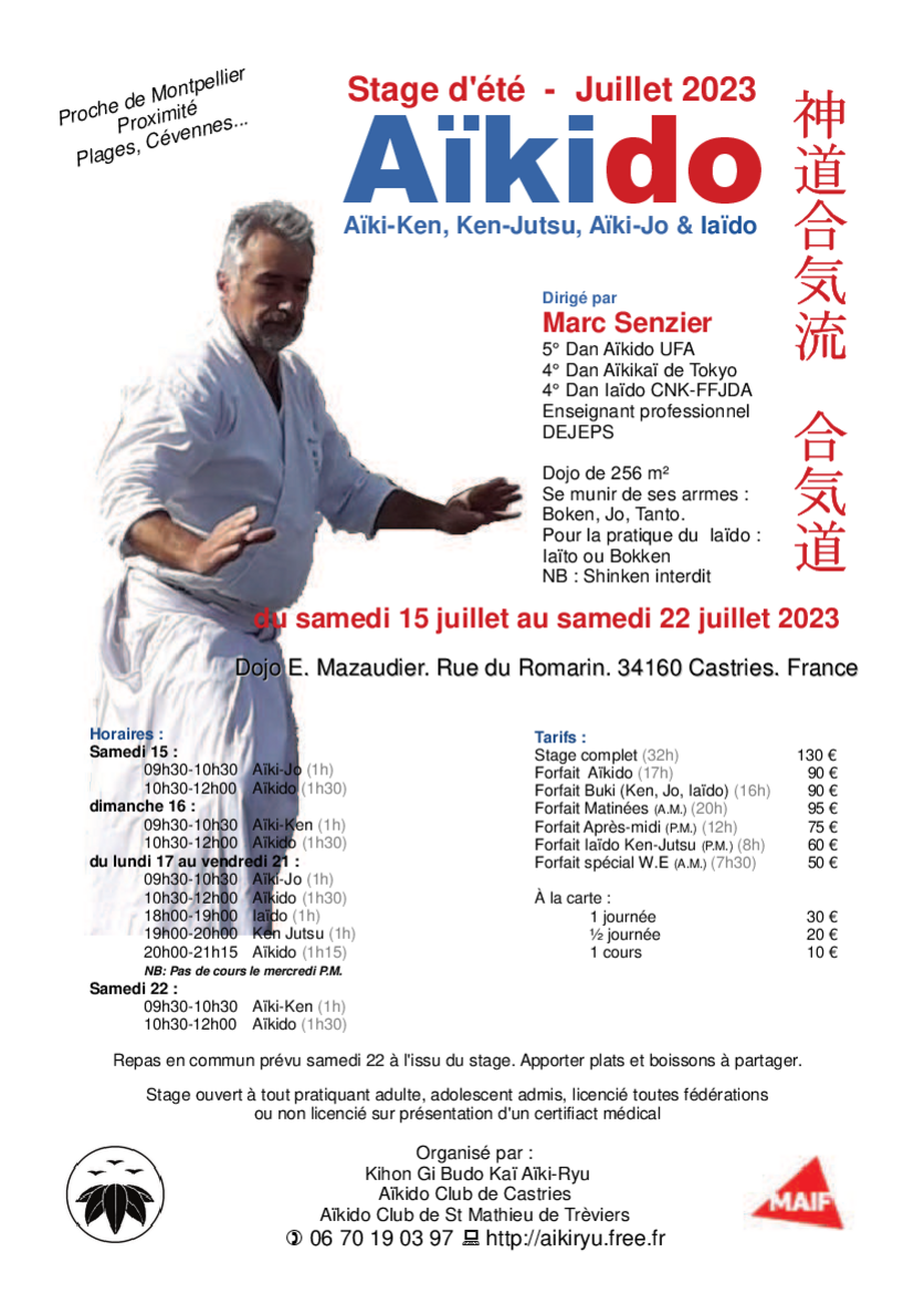 Affiche du Stage d'Aïkido à Castries animé par Marc Senzier du samedi 15 juillet 2023 au samedi 22 juillet 2023