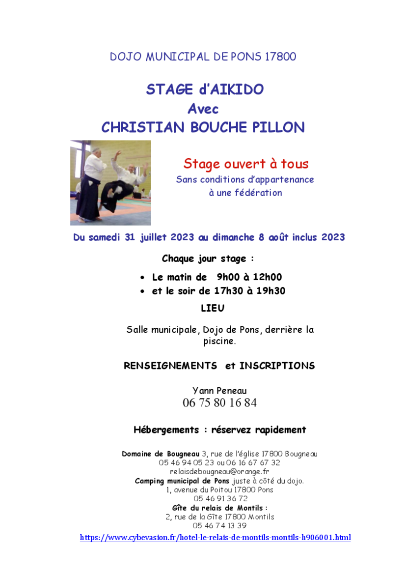 Affiche du Stage d'Aïkido à Pons animé par Christian Bouché-Pillon du lundi 31 juillet 2023 au samedi 5 août 2023