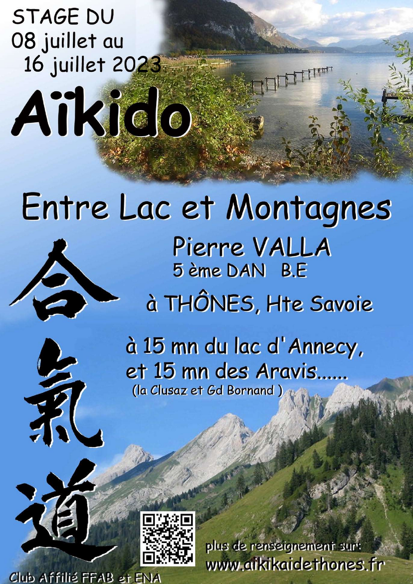 Affiche du Stage d'Aïkido à Thônes animé par Pierre Valla du samedi 8 juillet 2023 au dimanche 16 juillet 2023