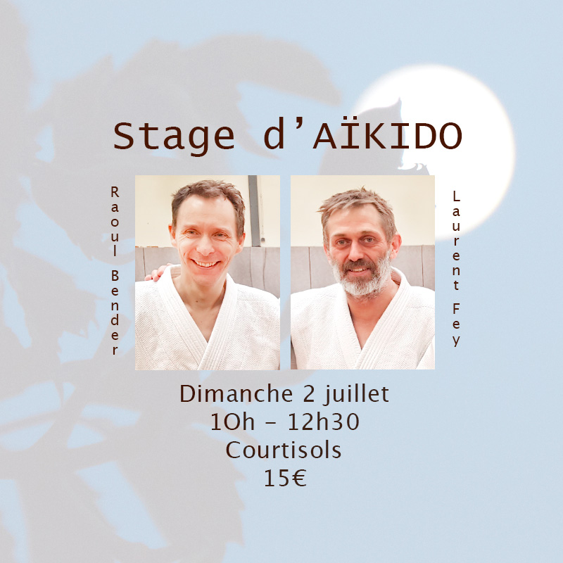Affiche du Stage d'Aïkido à Courtisols animé par Laurent Fey et Raoul Bender le dimanche 2 juillet 2023