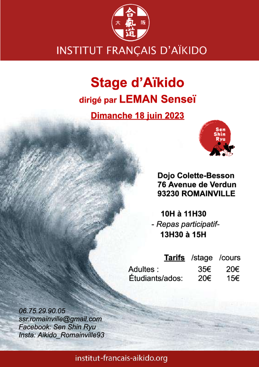 Affiche du Stage d'Aïkido à Romainville animé par Etienne Leman le dimanche 18 juin 2023