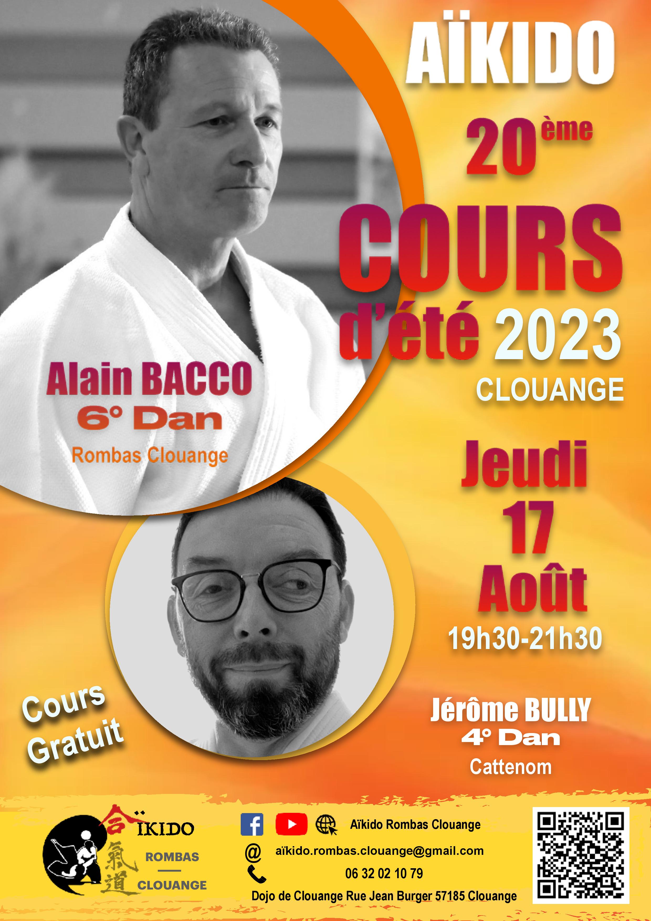 Affiche du Stage d'Aïkido à Vitry-sur-Orne animé par Alain Bacco et Jérôme Bully le jeudi 17 août 2023