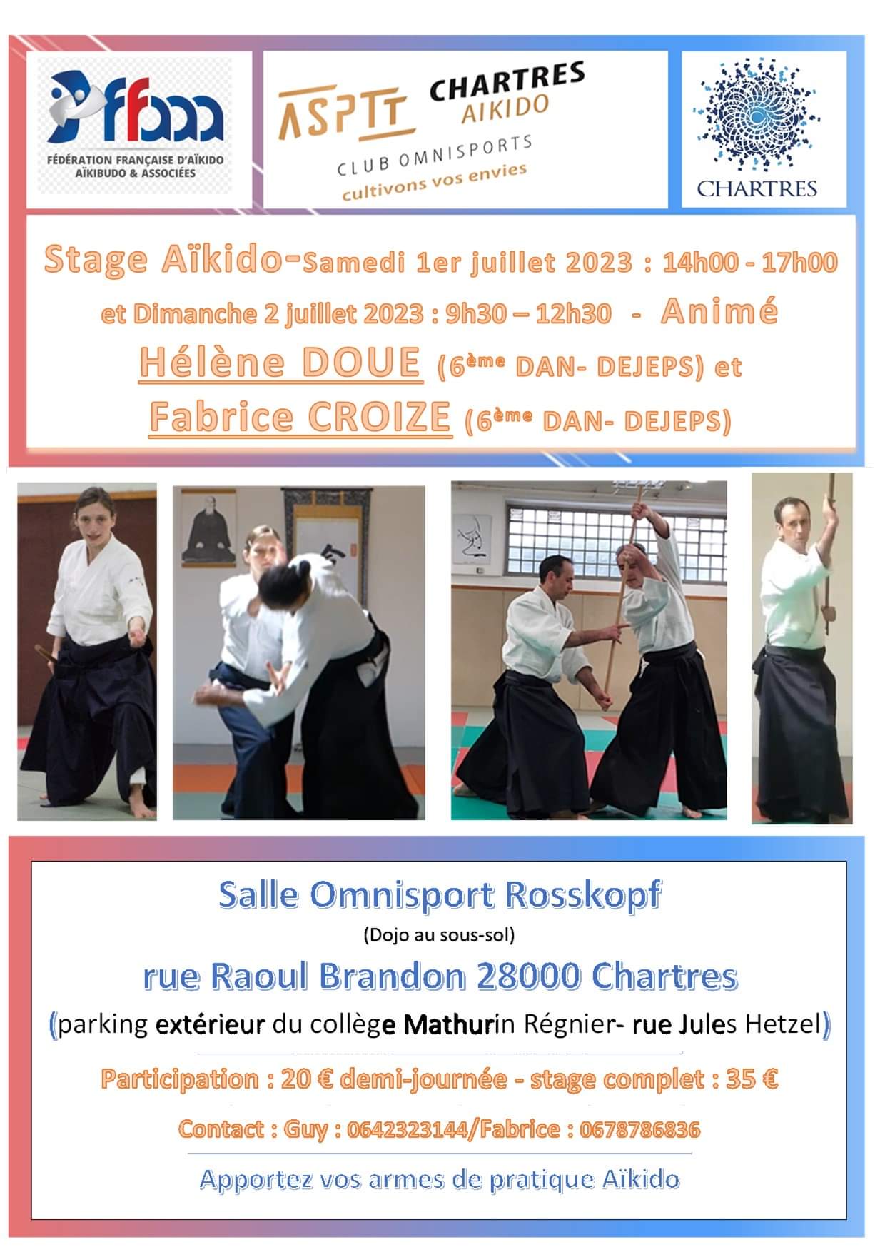 Affiche du Stage d'Aïkido à Chartres animé par Hélène Doué et Fabrice Croizé du samedi 1 juillet 2023 au dimanche 2 juillet 2023
