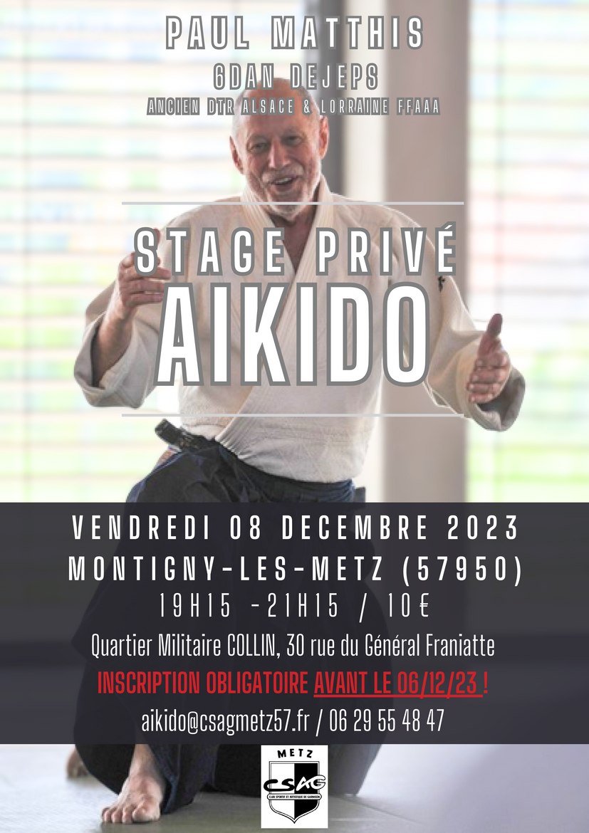 Affiche du Stage d'Aïkido à Montigny-lès-Metz animé par Paul Matthis le vendredi 8 décembre 2023