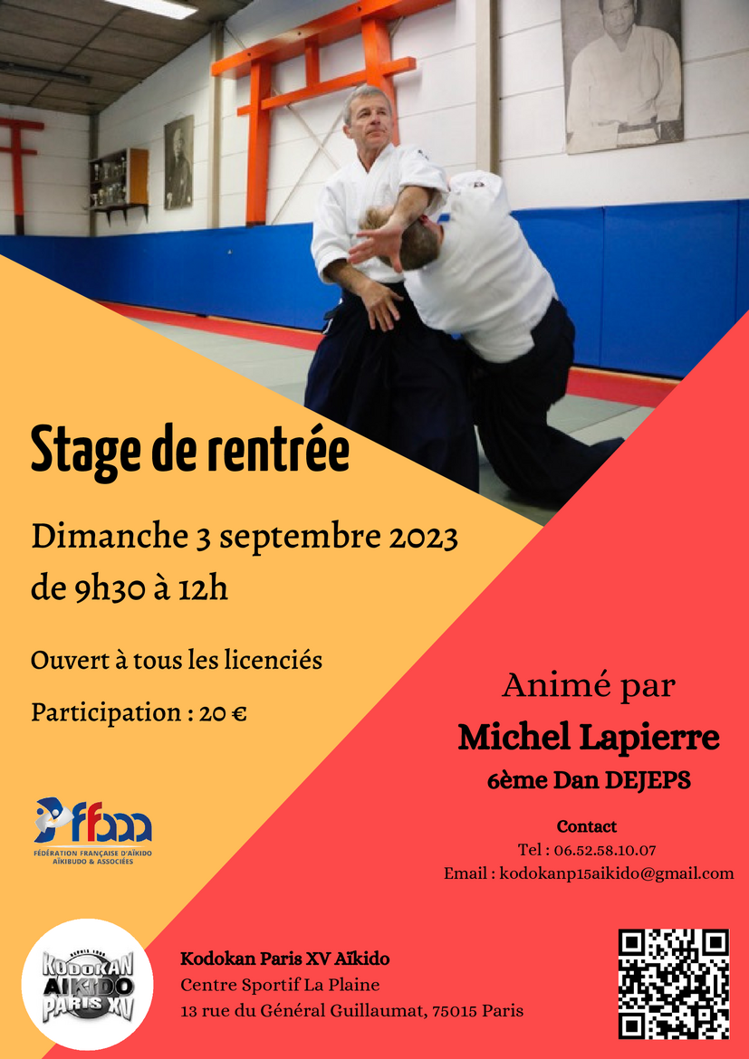 Affiche du Stage d'Aïkido à Paris animé par Michel Lapierre le dimanche 3 septembre 2023