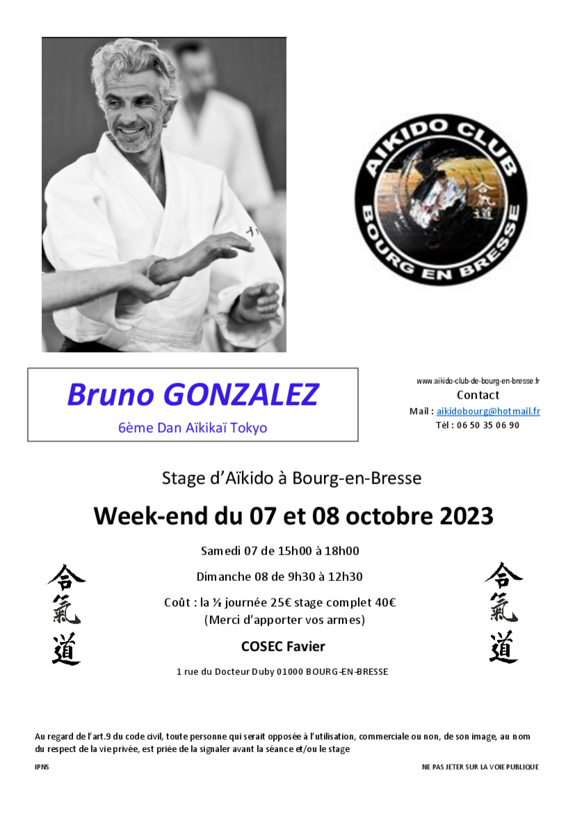 Affiche du Stage d'Aïkido à Bourg-en-Bresse animé par Bruno Gonzalez du samedi 7 octobre 2023 au dimanche 8 octobre 2023