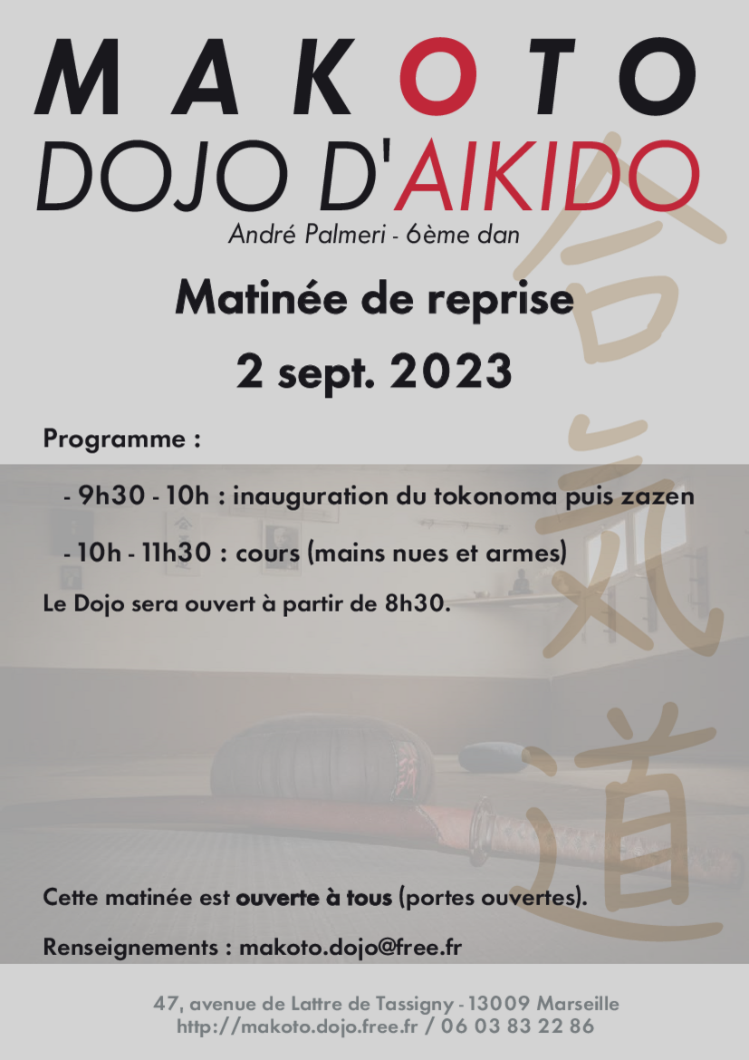 Affiche du Stage d'Aïkido à Marseille animé par André Palmeri le samedi 2 septembre 2023