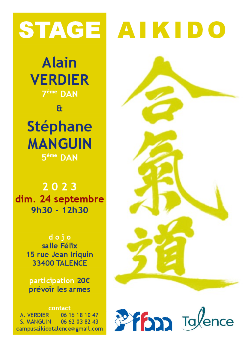 Affiche du Stage d'Aïkido à Talence animé par Alain Verdier et Stéphane Manguin le dimanche 24 septembre 2023