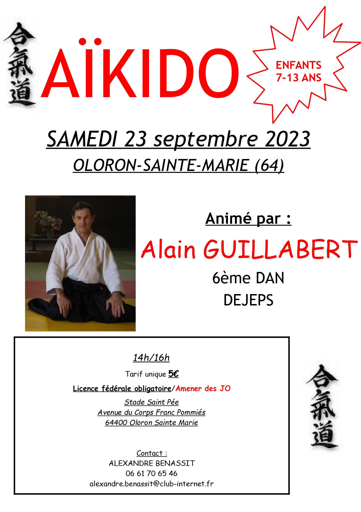 Affiche du Stage d'Aïkido à Oloron-Sainte-Marie animé par Alain Guillabert du samedi 23 septembre 2023 au dimanche 24 septembre 2023