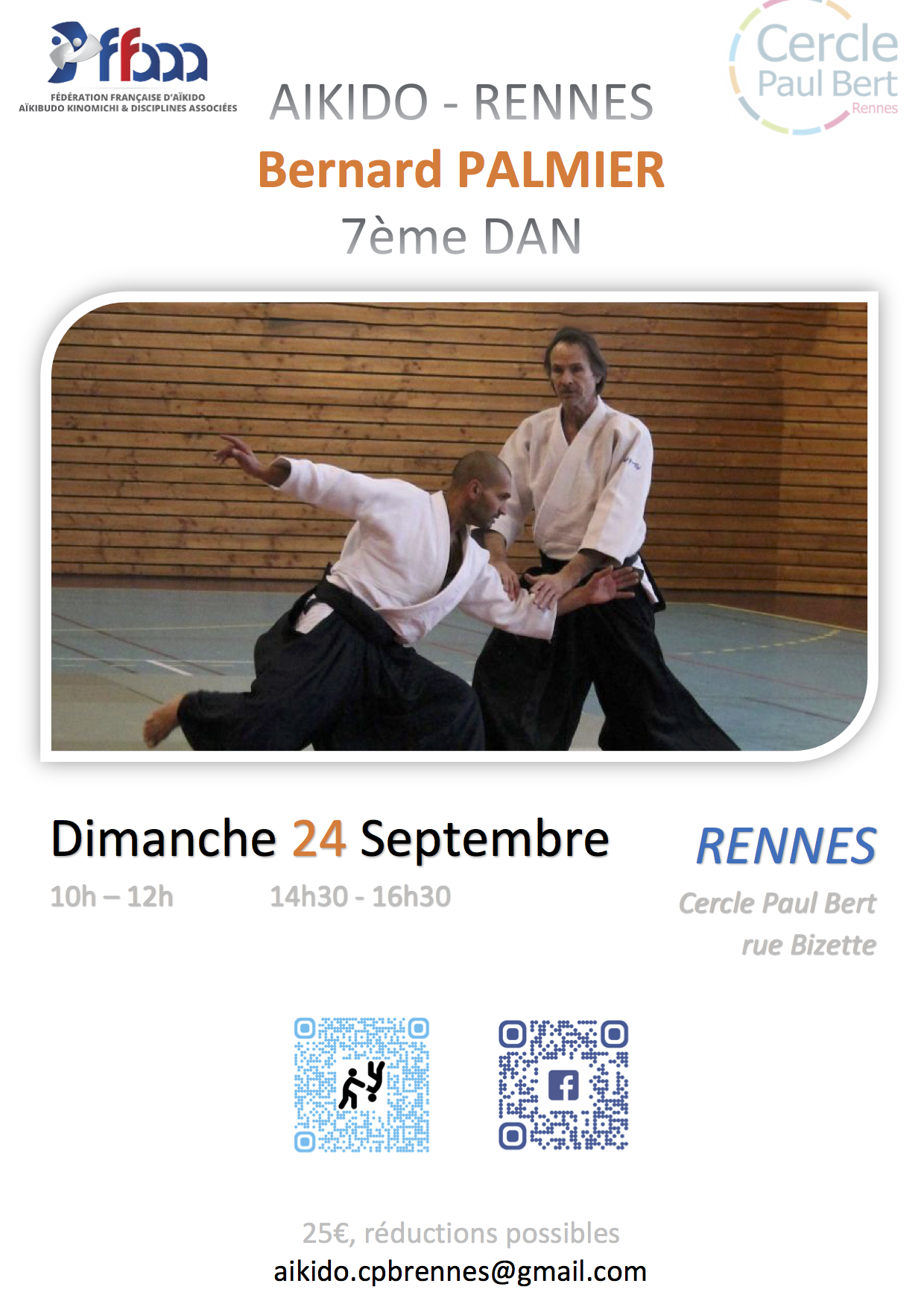 Affiche du Stage d'Aïkido à Rennes animé par Bernard Palmier le dimanche 24 septembre 2023